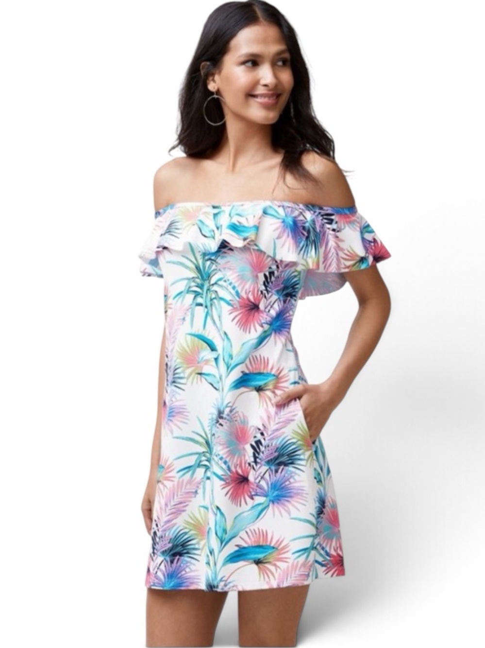 Tommy Bahama Tropical Floral Fronds Ferdinand Off the Shoulder Dress Size XS